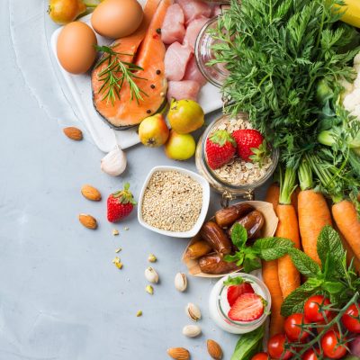 Healthy grains, meat, diary, vegetables, and fruit